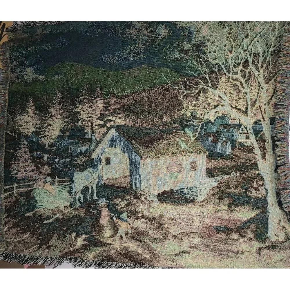 Nicky Boehme Covered Bridge Christmas Winter Woven Tapestry Throw Blanket 58x48